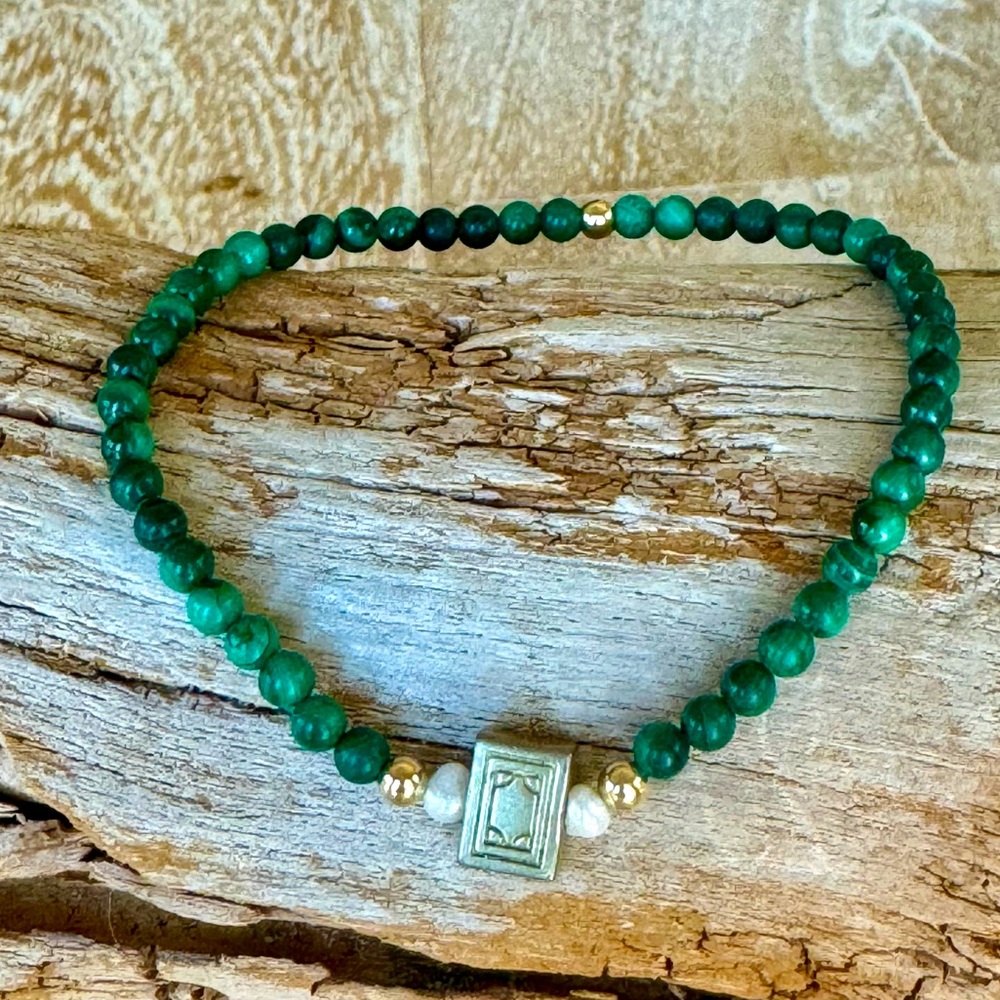Mahjong bracelet- 3 mm malachite beads mahjong tile bead, 14k gf beads & pearls